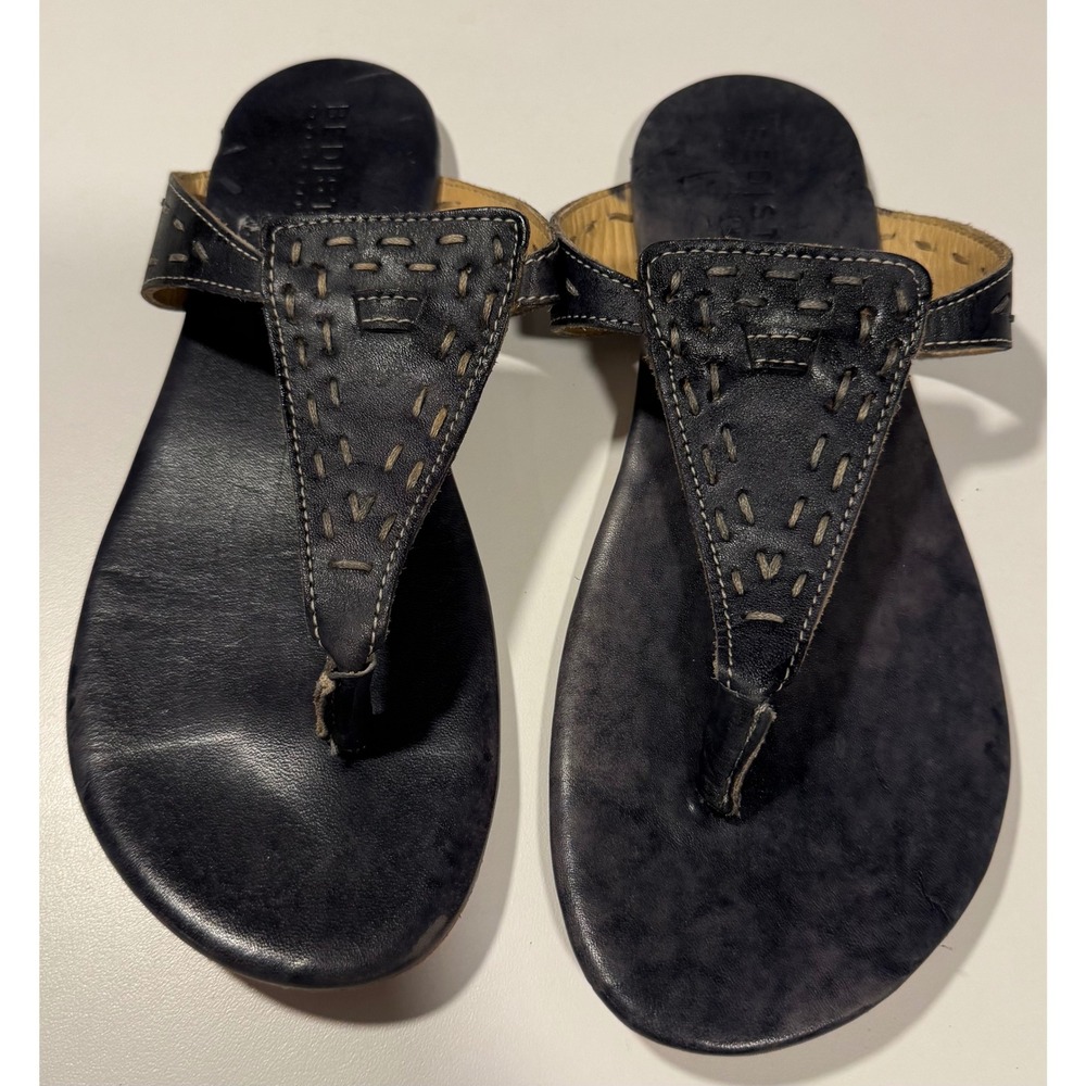 Bed Stu Womens Leather Thong Sandals Flat Whipstitch Slide Navy Black Size 8